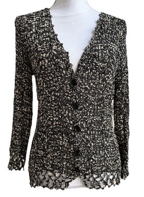 Elaris Womens Sz M Crochet Top V-Neck 3/4 Sleeve Button Front Black Beige USA