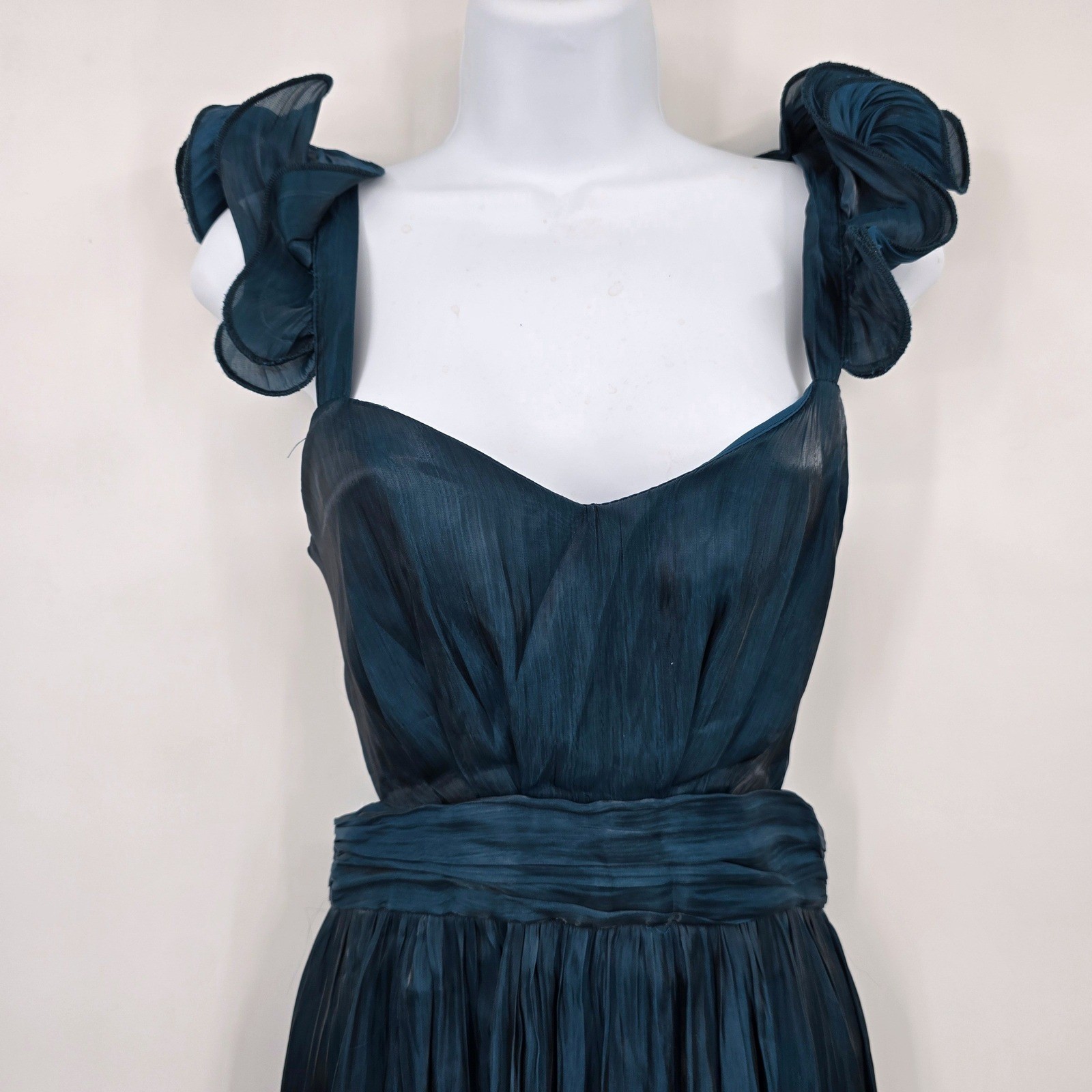 Lulus Women's Pristine Glow Teal Blue Ruffled Shoulder Maxi Dress Tie Back Gown