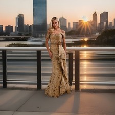 MONTAGE BY MON CHERI M3103 Gold Off Shoulder Brocade Gown Sz4 Authentic Msrp 700