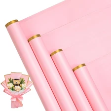20 Sheets Pink Flower Wrapping Paper, Gold Edge, Waterproof Floral Bouquet