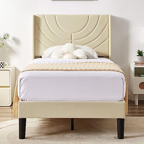 Twin Upholstered Platform Bed Frame with Fabric Headboard and Wooden Slats