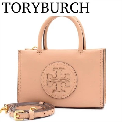 Tory Burch Ella Bio Mini sac à bandoulière en cuir beige logo doré 2 voies - Photo 1/4