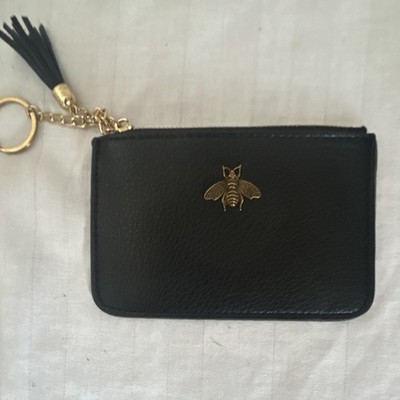 Black Women's Pouch Wallet Bee Zipper Key Ring Tassel Solid Pattern