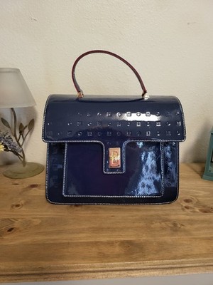 Arcadia Blue Medium Satchel Top Handle Turn Lock Detachable Strap Gold HW