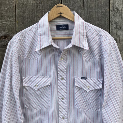Vintage 1970s Wrangler Pearl Snap Paper Thin Pin Stripe Western Shirt Large - Picture 3 of 6