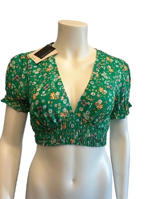 Vanessa Scott Green Floral Print Crop Top V Neck Puff Sleeve M/L NWT Made Italy