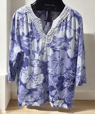 ALFRED DUNNER Purple White Floral Lace Embellished 3/4 Sleeve Shirt Top Tee 18