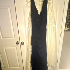 Betsy & Adam by Linda Bernell Black Glitter Ruched V-Neck Long Gown 14