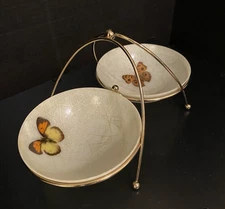 VINTAGE MCM FIBERGLASS BOWLS W/BUTTERFLIES/GOLD LEAF & ATOMIC BRASS TONE CADDY