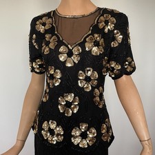 VTG Stenay Top 100 Silk Black w Gold Sequin Bead Design Scallop Hem SZ PM