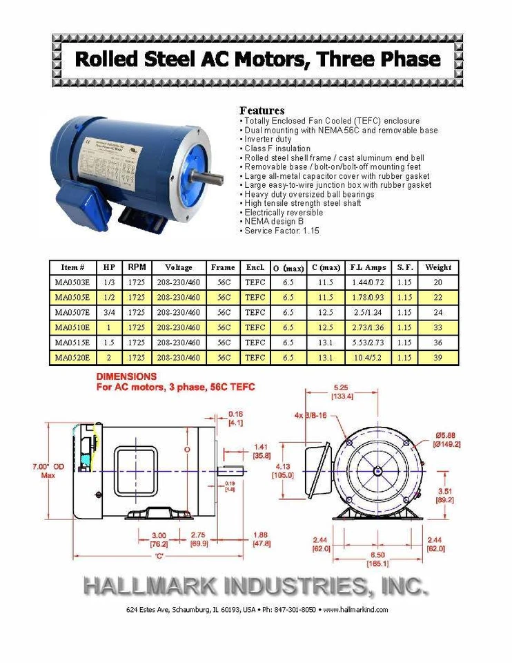 AC MOTOR, 1/2HP, 1725RPM, 3PH, 206-230V/460V,  56C/TEFC, WITH BASE - Image 3 of 4