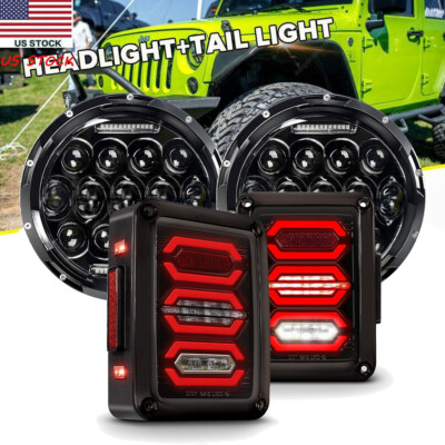 7''inch LED Headlights + Tail Lights Brake Lamps Combo For Jeep Wrangler JK 07-17