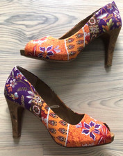 Tamaris Bunte Sommer Pumps Peeptoe 10 cm orange lila Textil Kork Leder Gr. 40