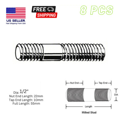 Double-End Threaded Stud Rod  1/2'' Diameter Stainless Steel Full Length 55mm