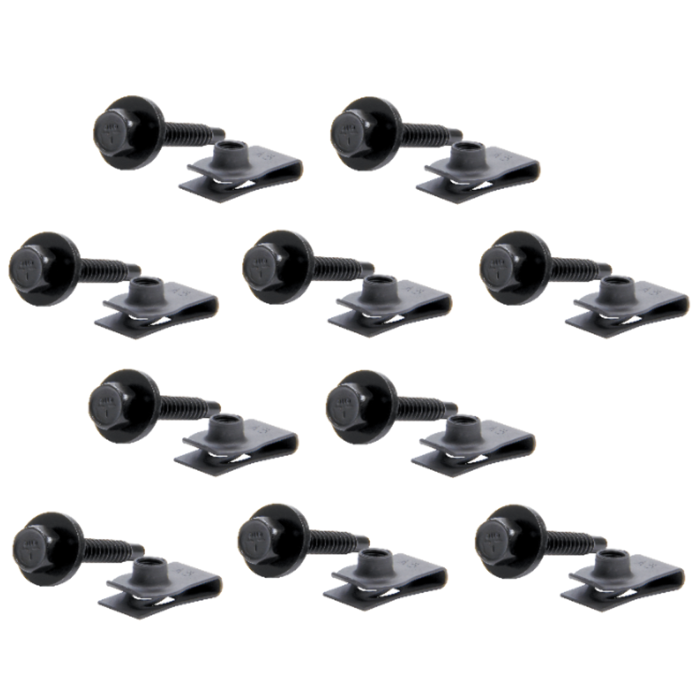 Set of 10 Body Bolt Kit w/ Clips 1/4"20 Thread x 11/8" Long Black