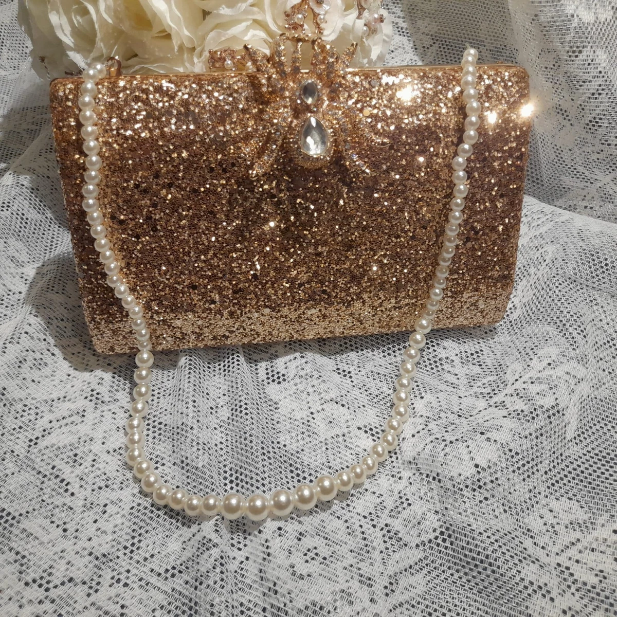 Champagne Rose Gold Evening Clutch Bag Glitter Handbag Purse With
