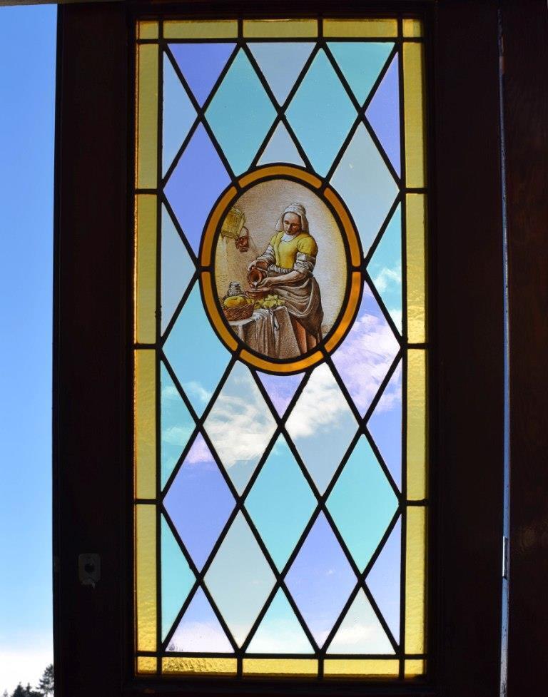 *Set of Three Pine Antique French Stained Glass Doors with Images of