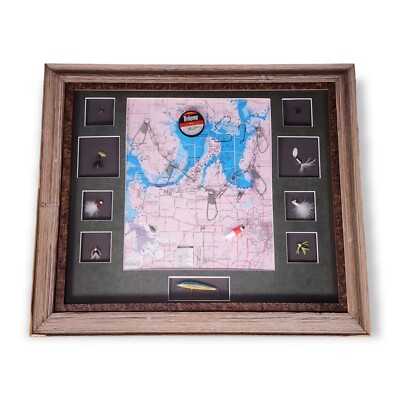 Lake Texoma Map Custom Fishing Lure & Tackle Wood Framed Artwork 27.5'' x 33''