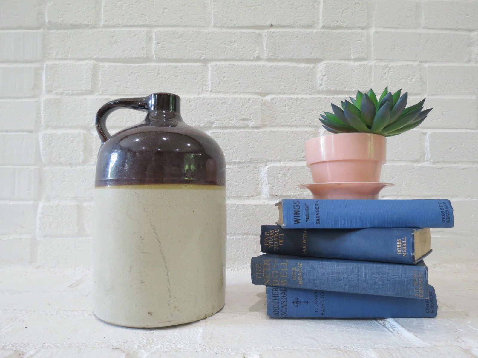 Antique Stoneware Pottery Jug Bottle Brown Tan Glaze Whiskey Crock Signed 11"
