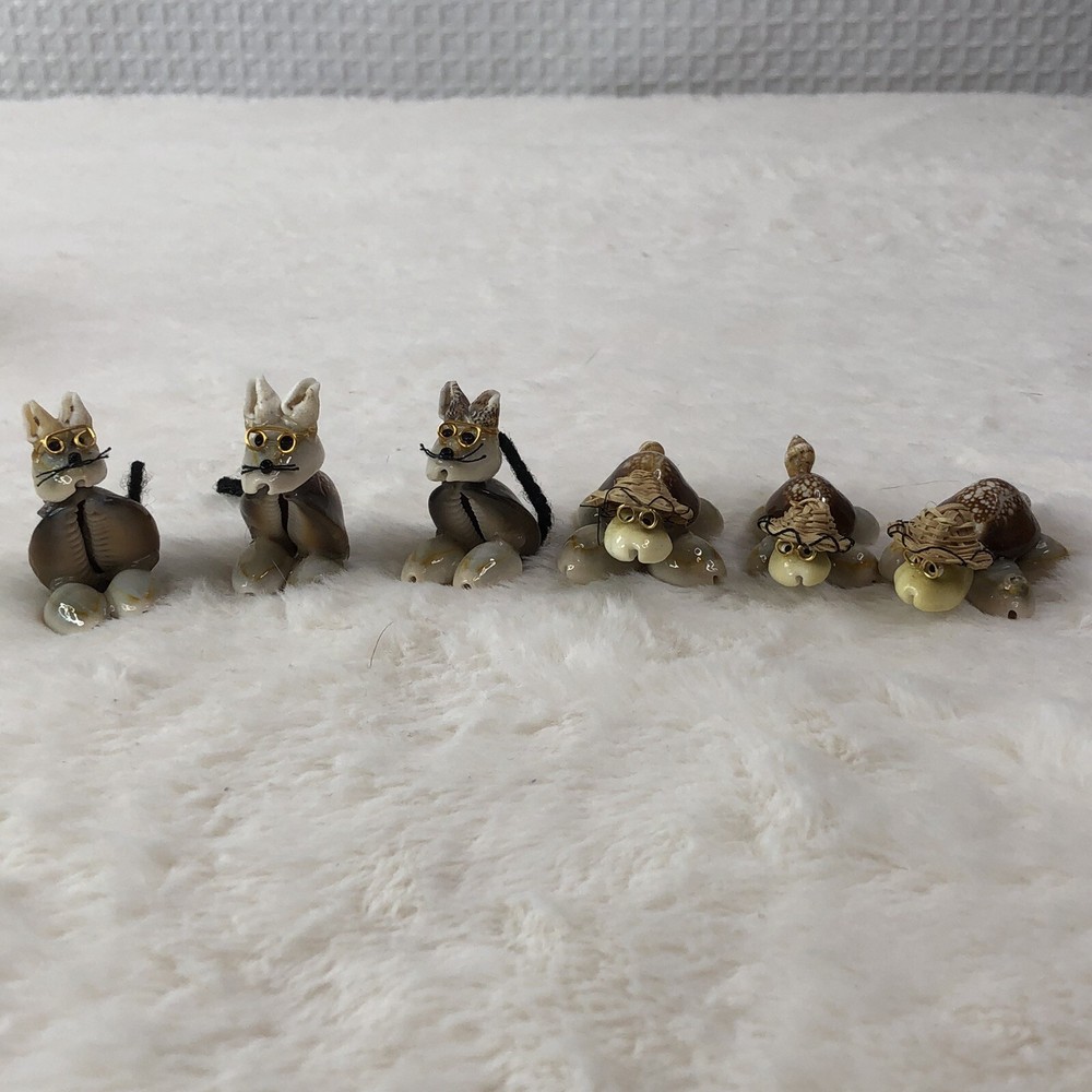 Vintage Shell Miniature Figurines (3 Cats Kittens & 3 Turtles)