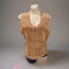 Vintage Fred Thomas Size Medium Suede Leather Crocheted Vest Tan Boho Festival
