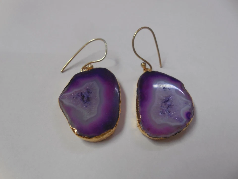 Druzy Slice Earrings Gold Plated Gemstone Lavender Earring Agate Fashion Jewelry - Image 2 of 3