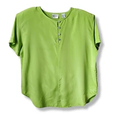 Women 80s Brat Green Blouse Button Shirt Top L Career Casual Breezy Boxy NEW