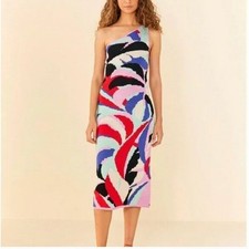 Farm Rio One Shoulder Monstera Abstract Leaf Knit Midi Dress Boho Colorful XL