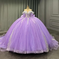 Lavender Off Shoulder Quinceanera Dress Lace Applique Bow Chiffon Ball Gown