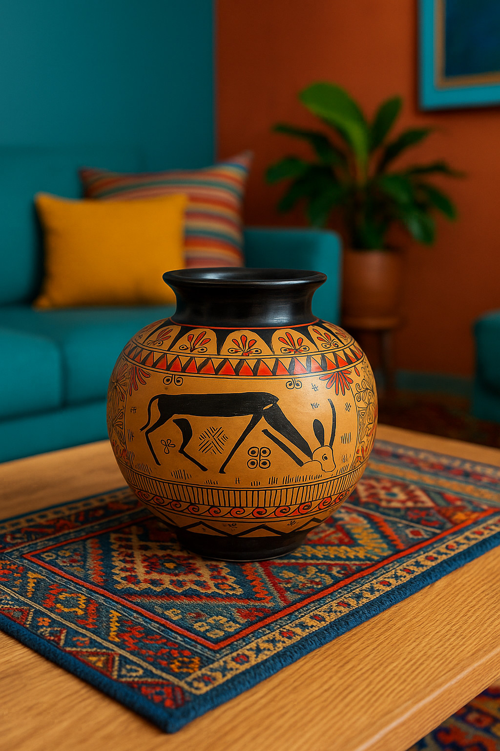 🌍 Vintage Folk Art Pottery Vase 🐎 Tribal Animal Design • Turkish? Peruvian?