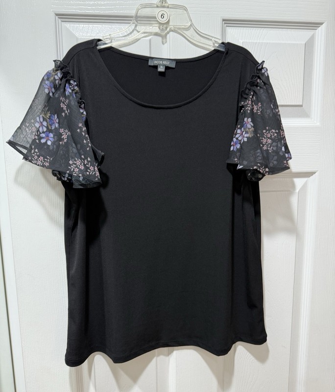 Women’s Black Top With Floral Flutter Sleeve XL