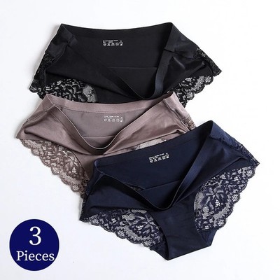 3 Stück Damen-Slips Spitze Satin weich bequem hohe Taille Höschen Übergröße UK