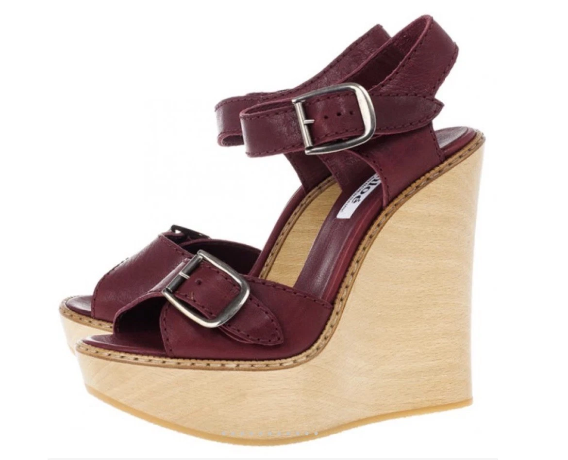 Chloe — Chloe 60th Anniversary Maroon Leather Wooden Wedge Sandals Size 40