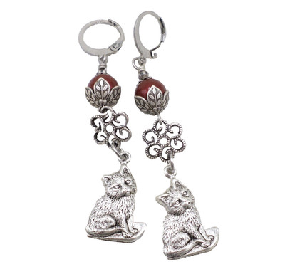 Boho Cat Earrings, Antique Silver Tone Filigree Red Bead Handmade Jewelry