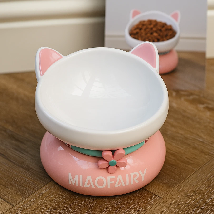 Keramik Katzennapf - erhöhter geneigter Futterautomat mit rutschfestem rosa Boden