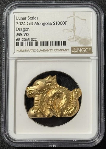 2024 1 Oz .999 Fine Silver CIT Lunar Series Mongolia Gold Gilt Dragon NGC MS 70!