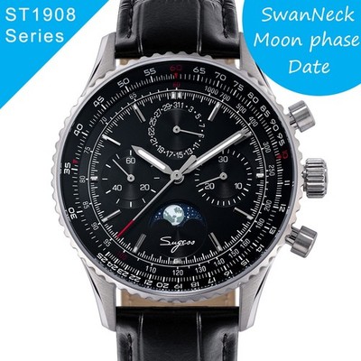 Seagull Sugess ST1908 43mm Black Moon Phase Date Chronograph Sapphire SL 1963