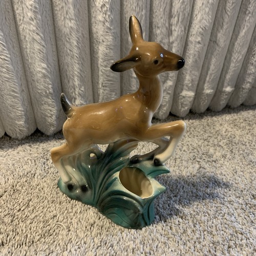 Cute Vintage Art Pottery Planter Deer Running Through the Green Grass 9 1/2"
