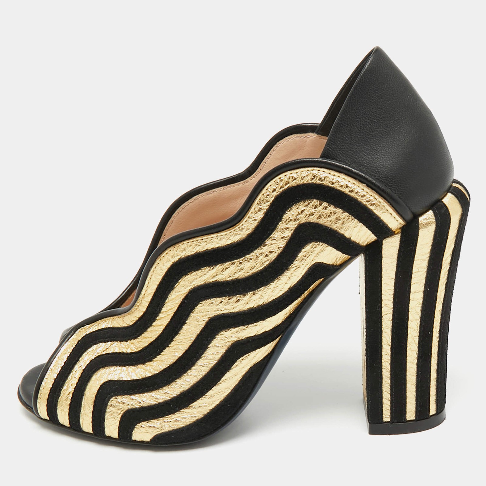 Fendi BlackGold Leather and Suede Block Heel Pumps Size 35.5