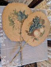 Antique Victorian Hand Fan Fire Screen Pair Painted Fruit 20 " Long Lot 9