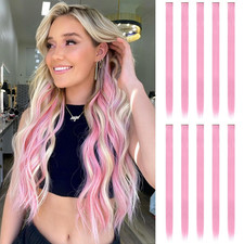 Colored Clip In Hair Extensions 10 PCS Pink Highlighted Hair Piece Straight