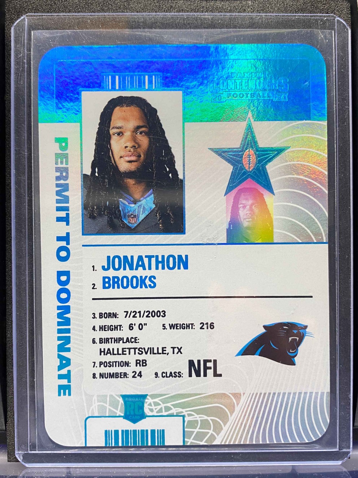 2024 Contenders Permit to Dominate Blue #22 Jonathon Brooks RC Rookie Panthers