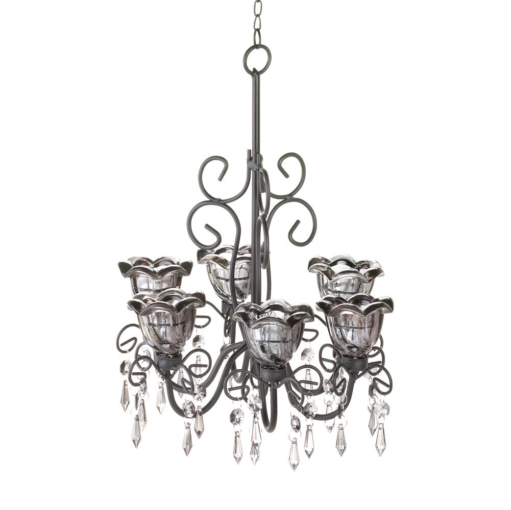 Black Shabby Hanging Baroque Crystals Iron Scrollwork Candle Holder Chandelier