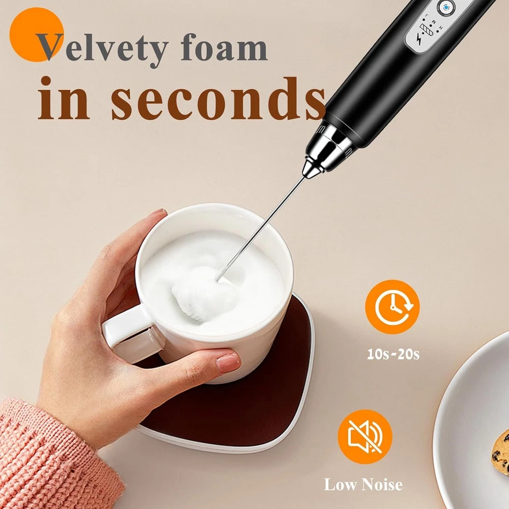 Milk Frother Handheld Rechargeable with Stand, Wand Drink Mixer Black Milk Frother Handheld Rechargeable with Stand, Wand Drink Mixer Black