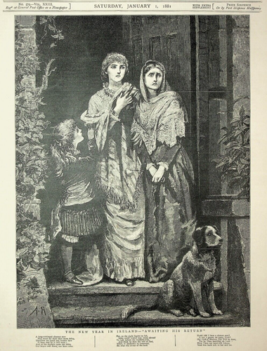 1881 New Year in Ireland Awaiting His Return Original Antique Engraving