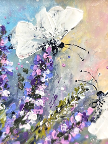 Blooming Flowers and Butterfly Painting Original Floral Oil Impasto Art Signed - Picture 4 of 9