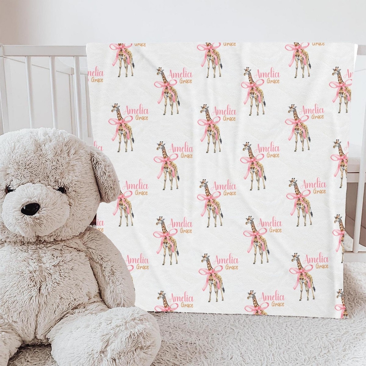 Personalized Giraffe Blanket Pink Coquette Baby Gift for Nursery