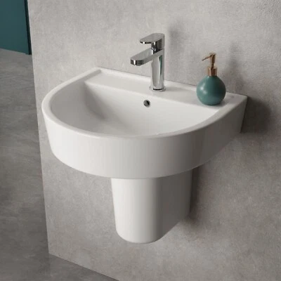Hudson Reed 420mm Basin & Semi Pedestal 1 Tap Hole Modern Curved Bathroom Sink