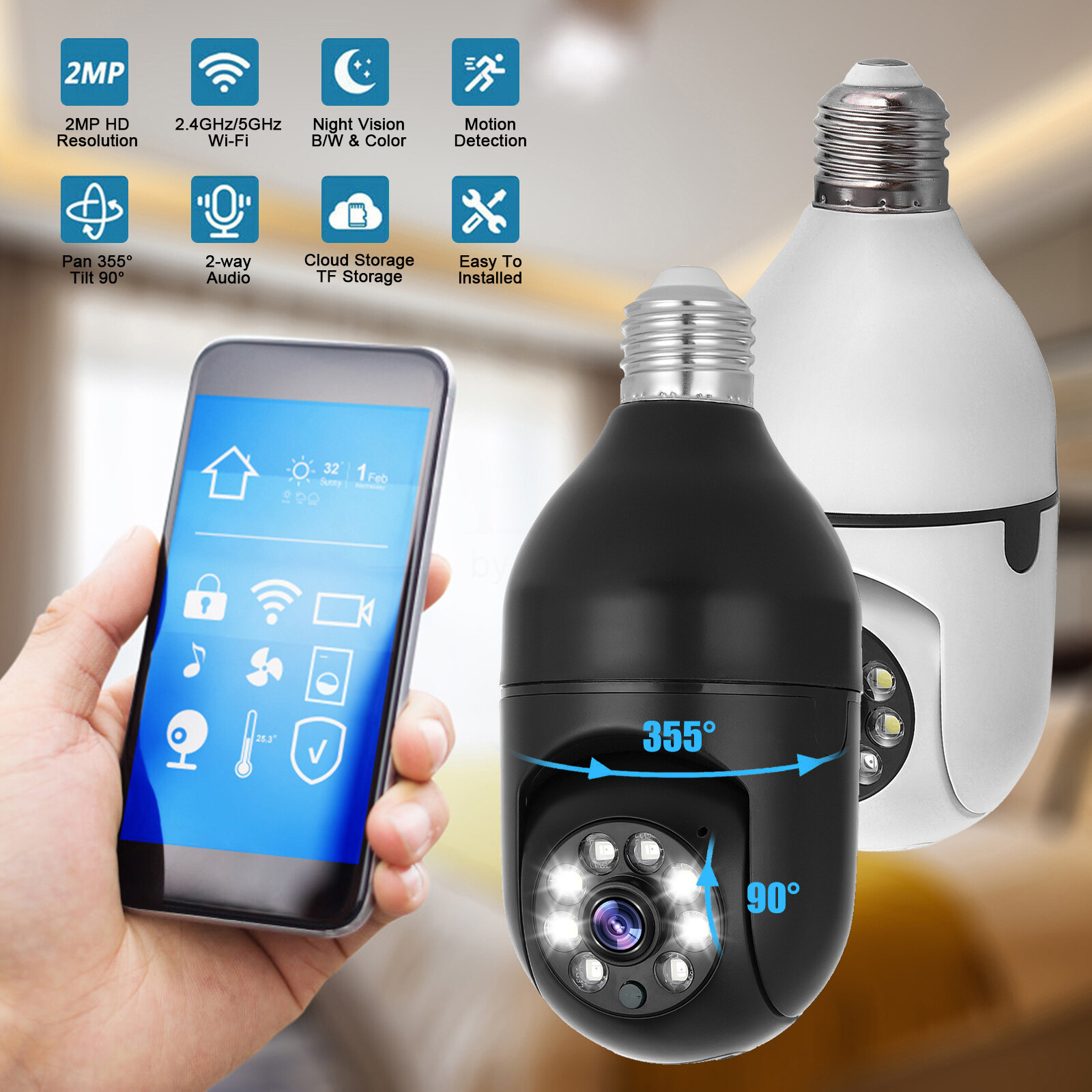 Wireless Light Bulb Camera Outdoor 360° Panoramic 1080P HD WiFi