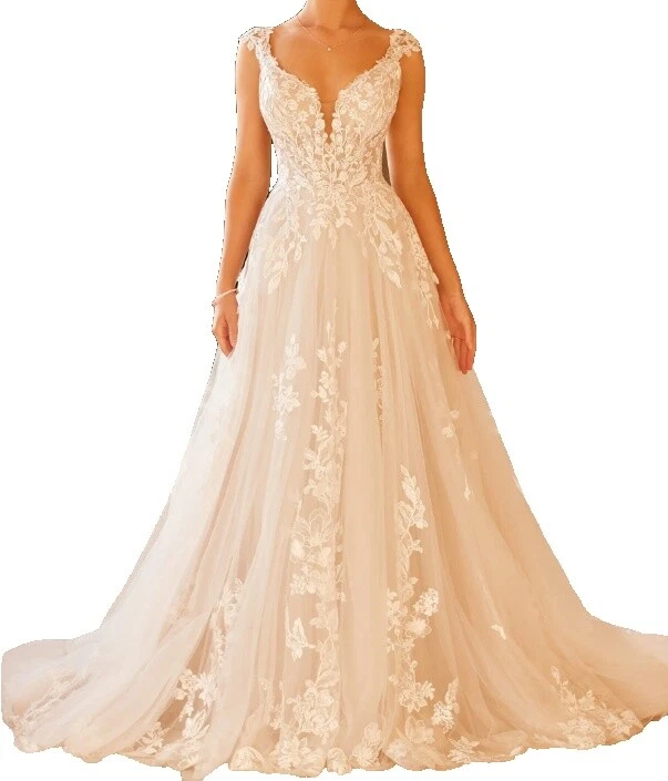 Tulle V Neck A-Line Cap Sleeve Wedding Dresses